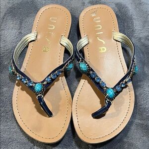Unisa Navy and Turquoise Jeweled Women's Thong Sandals